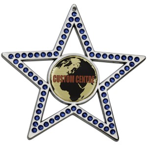 GOLD 75MM - BLUE STAR GEMSTONE CUSTOM VINYL DOMED MEDAL **SPARKLE**